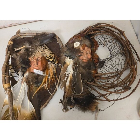 Feather Vine Wall Art Man & Woman Faces Dreamcatcher Design Native American - Picture 2 of 6